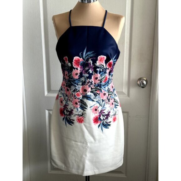 GUESS Floral-Print Open-Back Sheath Dress White Blue Size 14 - Picture 6 of 11